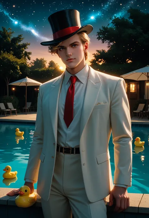 PonyXLV6_The 666 yellow rubber ducks, t son, male-centered, white suit , white shirt, red tie, A white top hat with a red ribbon...