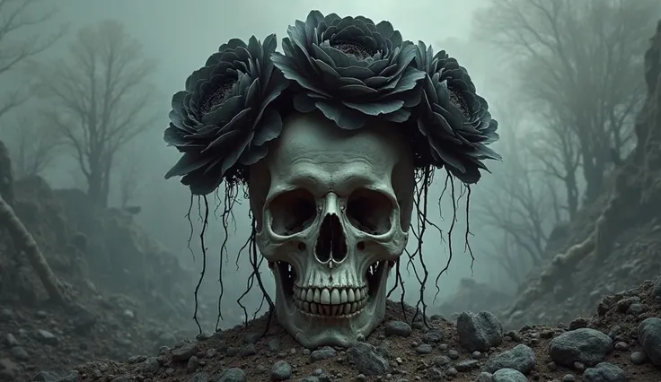 a skull with black flowers on its head, dark and disastrous environment