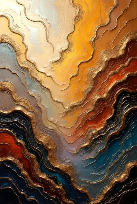 An acrylics painting with no black and no white. Only metallic colours 