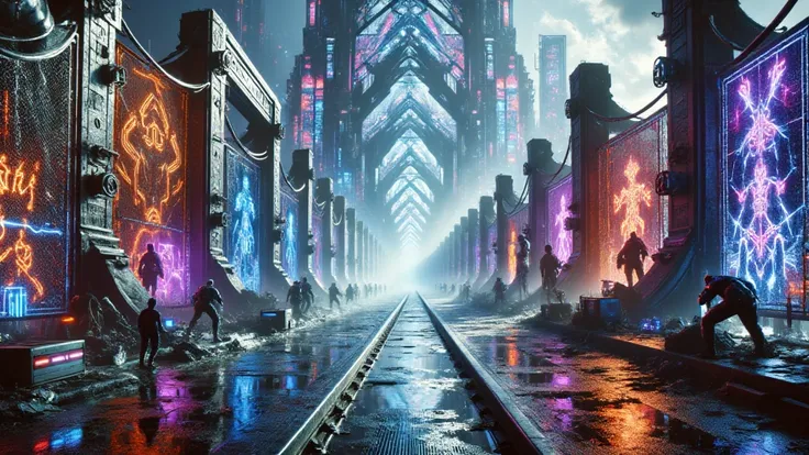 Roads as Energy Pathways,Buildings as Cyberpunk Structures,Trees as Holographic Projections,Maintain the Top-Down Perspective, U...