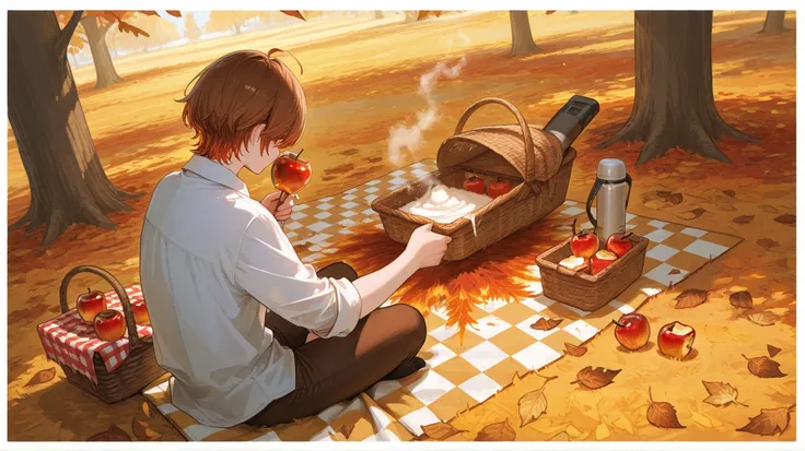 "A golden autumn afternoon in a secluded orchard - the girl sits atop a checkered picnic blanket,  she holds up a caramel apple ...