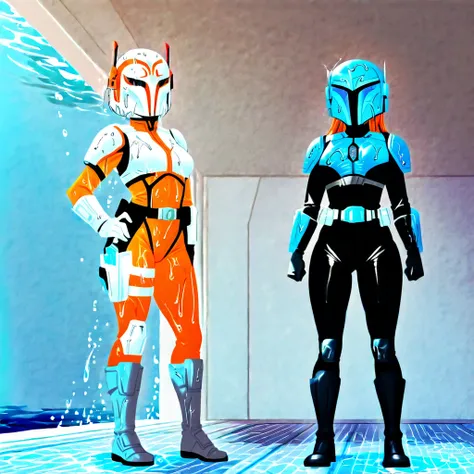 [2girls] [mndlr] [7-MandalorianArmour] [Mandalorian style] [full view of both girls standing side by side on the sea floor under...