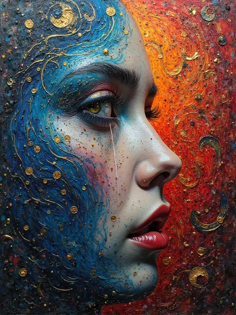 intertwine—deep crimsons melting into electric blues, golden highlights tracing curves that refuse to be confined. artist moves ...
