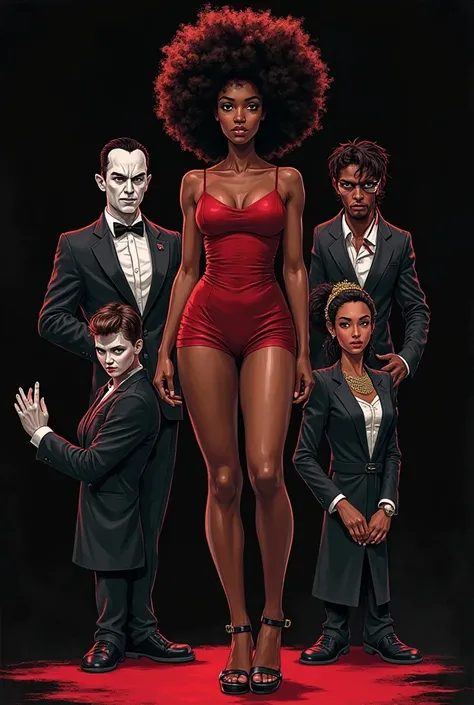 Black girl with afro hair standing next to her other varients 
Her 
Vampire her
Prep her 
Sadistic her 
Regal her 