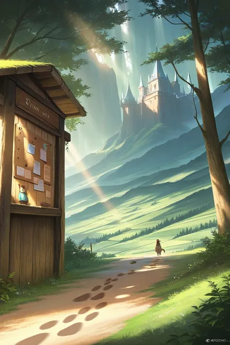 masterpiece, best quality, landscape only, highest resolution,  big wooden bulletin board, fantasy, fairytale, many animal footp...