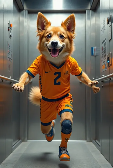 Yellow dog in volleyball clothes inside an elevator 