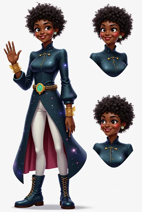 a character sheet with different expressions based on the following description: A black girl, of curly and short hair that flow...