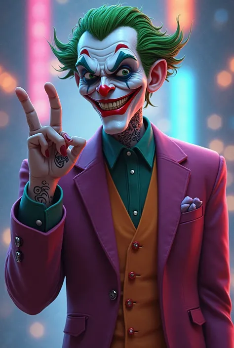 Joker with neck tattoos , Making a rock symbol with your hand animation style 