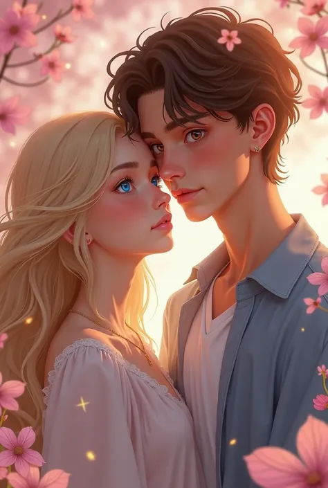 Blonde girl with blue eyes with pink vibes and tall brown-haired boy with honey eyes for book cover
