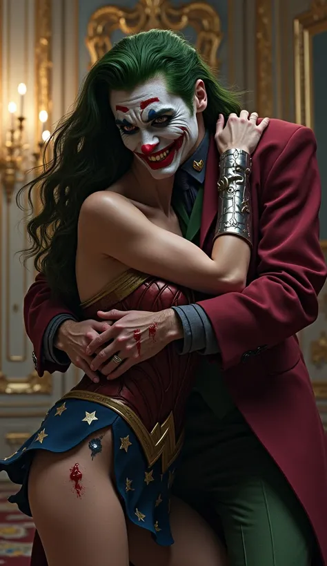 Closeup Joker grabbed wonder woman back with lots of white milk on her face to breast, wonder woman is crying loudly,inside a ro...