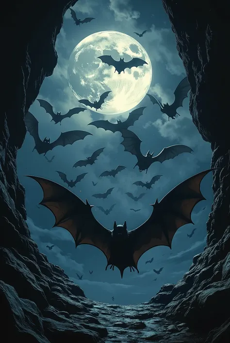 A group of bats flying out of a dark cave towards the moonlit sky, with a central bat leading the way, silhouetted against the g...