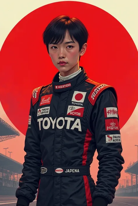 Create the image of a fair-skinned Asian short-haired Formula One pilot in the color black wearing a Toyota team jumpsuit and in...