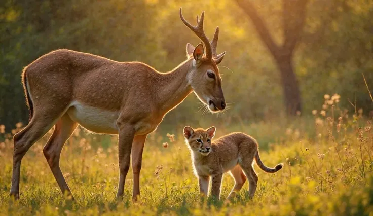 A heartwarming, close-up shot of a deer gently nursing a tiny lion cub in the middle of a vibrant, sunlit wilderness. The cub, w...