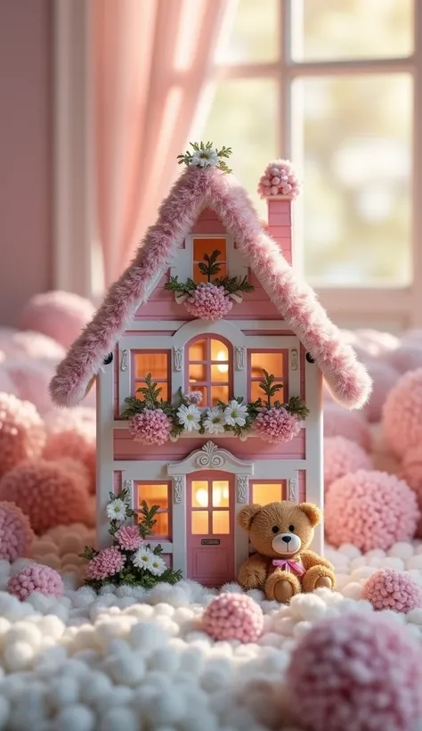 small miniature house、Teddy bear、cute European style house々々、 pink and white plaid uniform 、病気休暇中のhigh image quality、Realistic b...