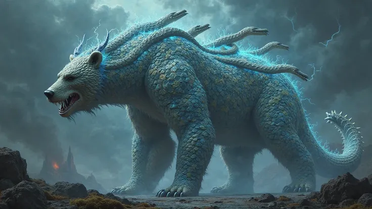 A hydra mixed with a bear with glowing scales