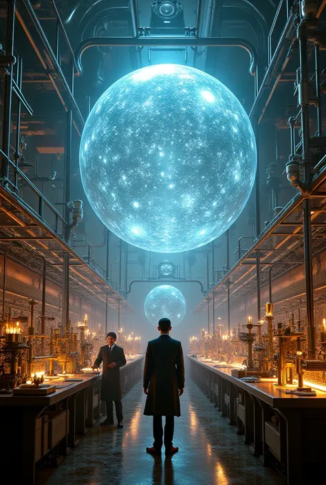 Tesla's laboratory in 1900, holograms of future inventions, steampunk, hyper-realistic