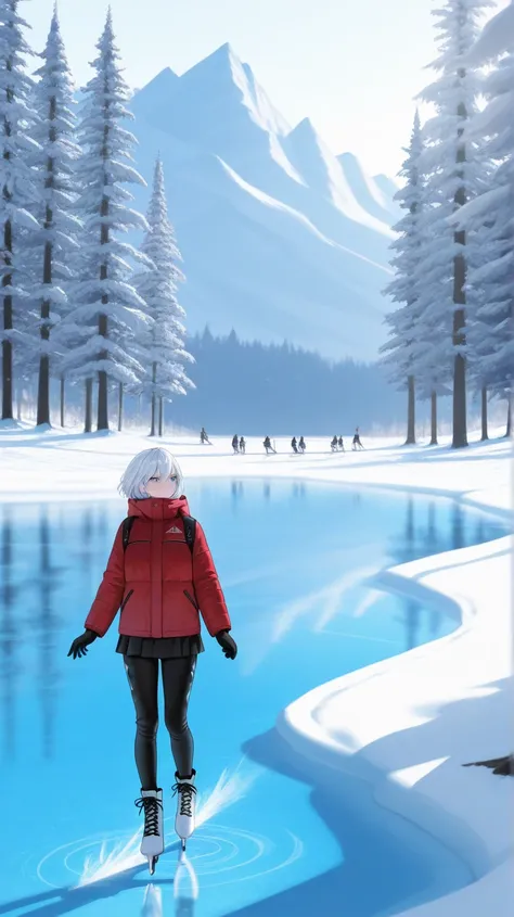 Cristiano Ronaldo is ice skating gracefully on an outdoor frozen lake, wearing a stylish red winter jacket and black ice skates....