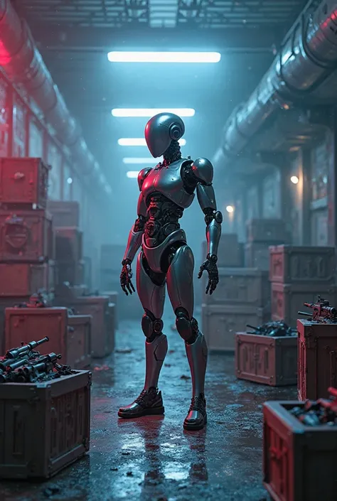 There is a robot in the middle, there are crates around it and there are guns and knives inside. The colors are neon colors, lik...