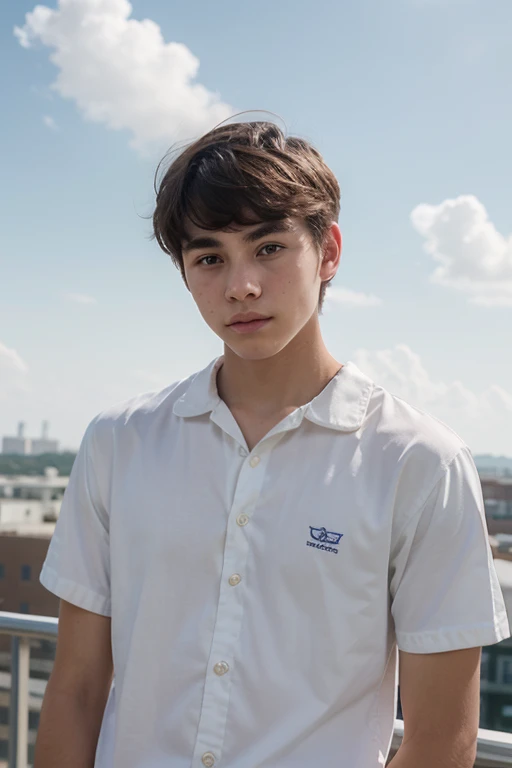 A age boy, around high school age, handsome and a bit baby-faced, his clothes are light white, sky vibes.