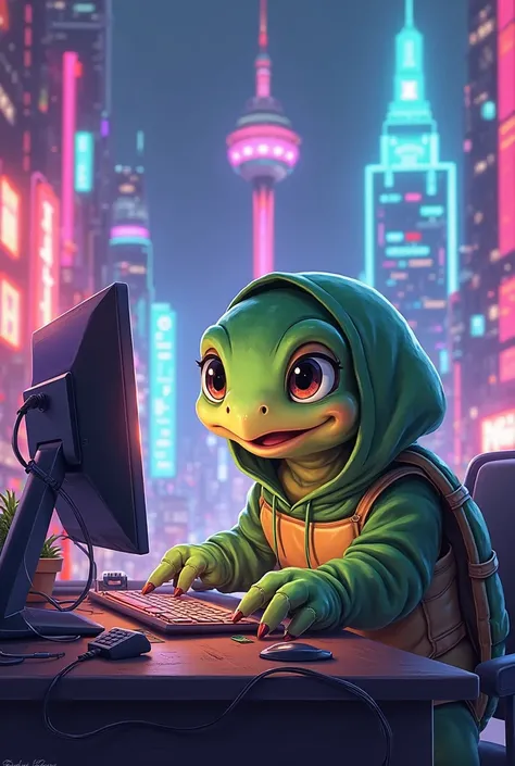 A hooded turtle plays on the computer. neon, cyberpunk, Cute, smile