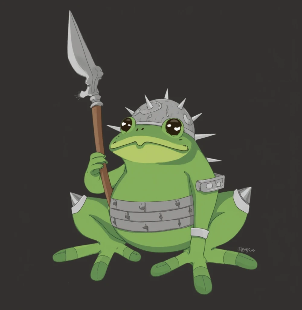 game character, frog, flat 2d style, aquarele color paper texture,  helmet, armor, spike
