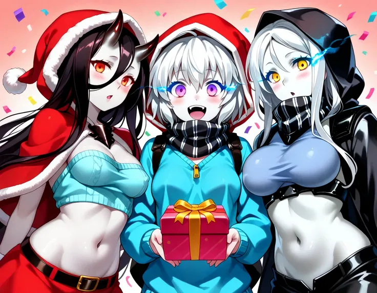 abyssal_ship, 3girls, multiple_girls, breasts, battleship_princess, black_hair, hat, ta-class_battleship, santa_hat, red_eyes, y...