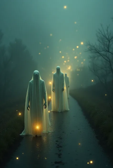 dead man are crossing the road,  Firefly are showing them the way. 
