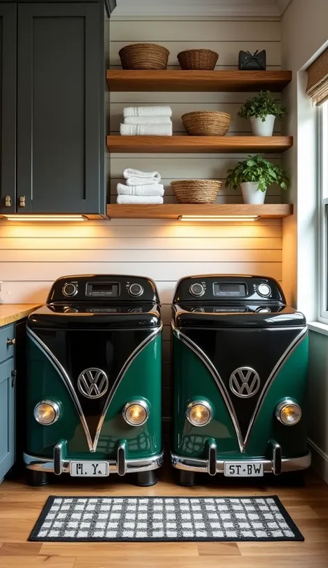 A pair of front-loading washer and dryer units uniquely designed to resemble vintage Volkswagen buses. The machines have a gloss...