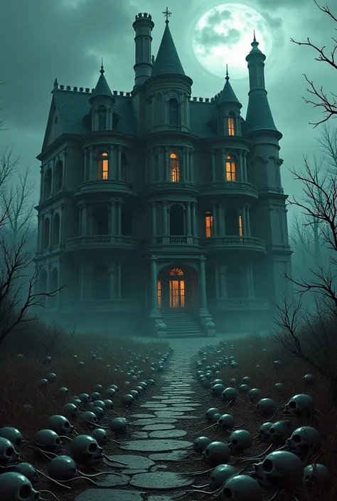  a half-destroyed mansion, on the floor a road of skulls and ribs in the windows you can see bloodhungry eyes, the white rats wi...