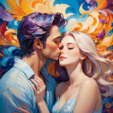 In this image, we see a couple engaged in a passionate kiss in front of a colorful background. The background features shades of...