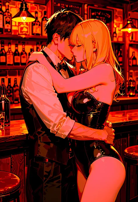 couple hugging each other in sexy clothes in a pub 