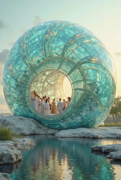 A building was built in the shape of a snail in glass with the emergence of a group of Muslim women and men