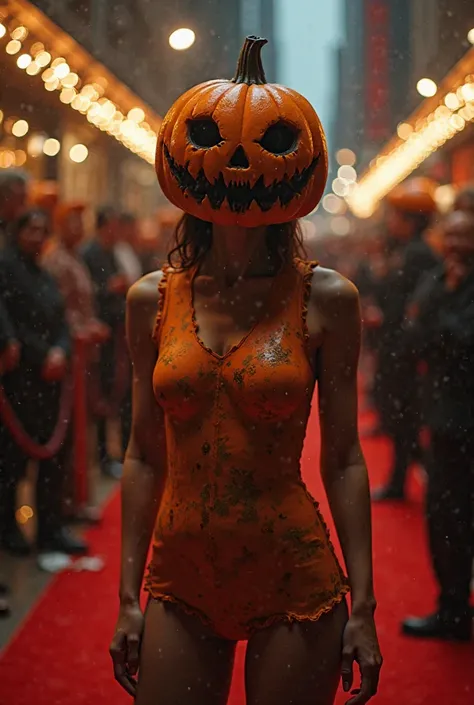 Make a woman in a creepy pumpkin costume in a premiere written “Night Stalker Killer Premiere”
