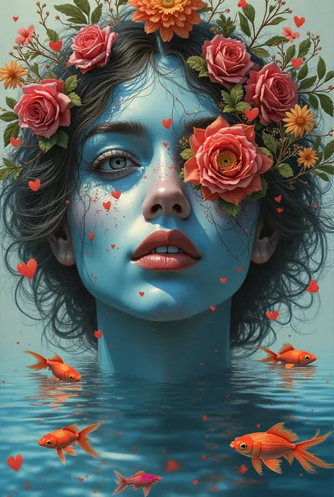 a beautiful woman's face composed of multiple images and geometric patterns, goldfish swimming through astrip mirror lake with r...