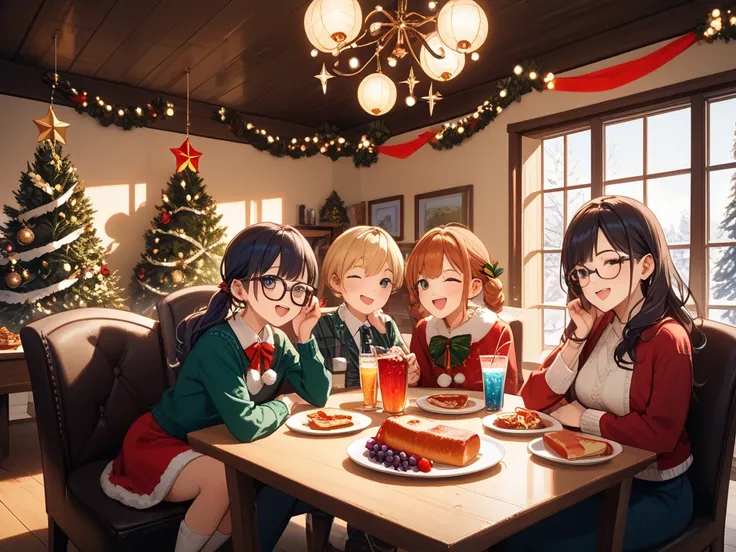 "A joyful family dinner celebration during Christmas. A multi-generational family sitting around a festive table, clinking glass...
