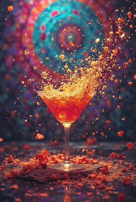 an image of a cocktail glass bursting out on a jovial background full of rock art from the 60's ,  with the text  "Mystic candy"...