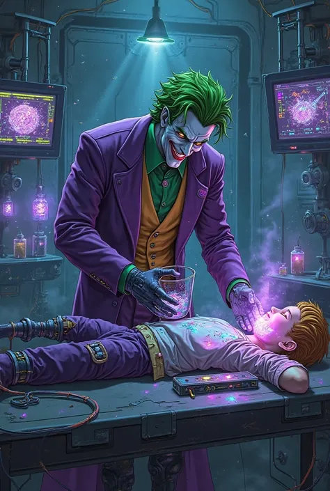 “A cyberpunk Joker in a high-tech lab, dim neon lights reflecting off metal walls. The Joker wears a sleek, futuristic version o...
