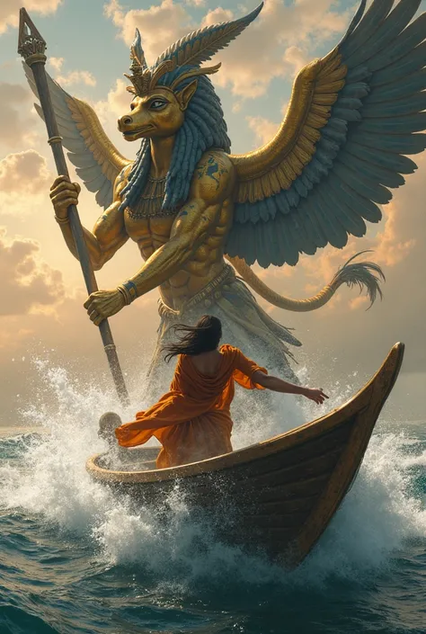 "A figure on a boat, skillfully maneuvering through the waters, is locked in a race against the mighty god Horus. With the wind ...