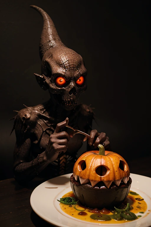 anomaly Spooky monster is eating a dish against a very spooky 3D background