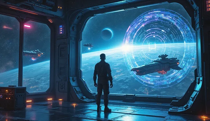 A dramatic sci-fi scene showing Earth's Defense Coordinator standing in a futuristic command center, illuminated by holographic ...