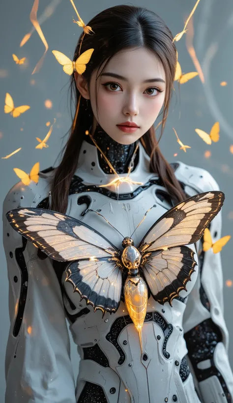 8,000,  masterpiece, highest quality, Future Female Figure Butterflies, cyberpunk, Grey and white color scheme , Mechanical wing...