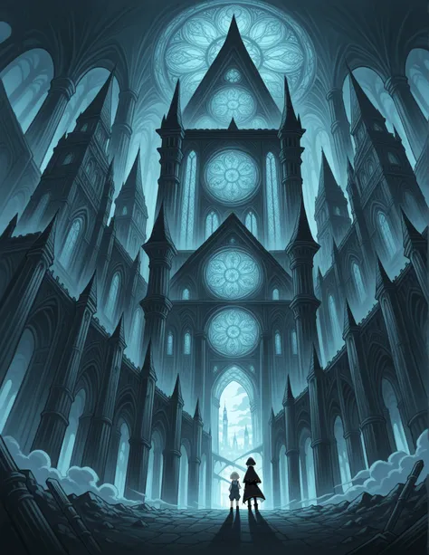 "Create a dark fantasy anime illustration depicting a gothic cityscape of towering, crumbling skyscrapers stretching into the po...