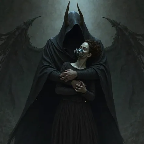 Un homme qui a la tenue d’azrael noir, avec des cornes noires, sans visage, visage noir, faisant un câlin avec une fille qui por...