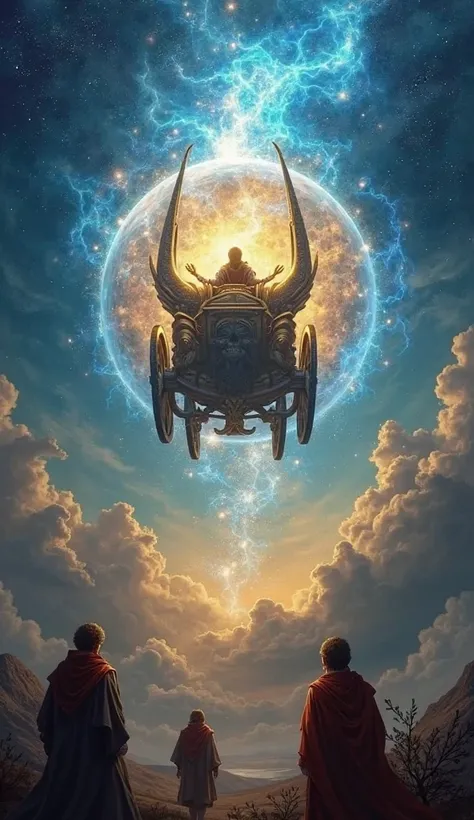 "A floating chariot surrounded by blue and gold flames, rising from Earth with Enoch inside it. The sky is illuminated by a divi...