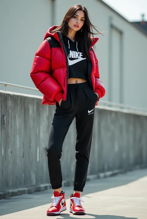 I want sexy girl in all- nike outfit, nike puffer jacket and nike air force 1 