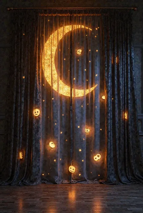 : "A majestic celestial-themed curtain featuring glowing ✨ emojis woven into a dark satin fabric. During the day, soft golden hu...