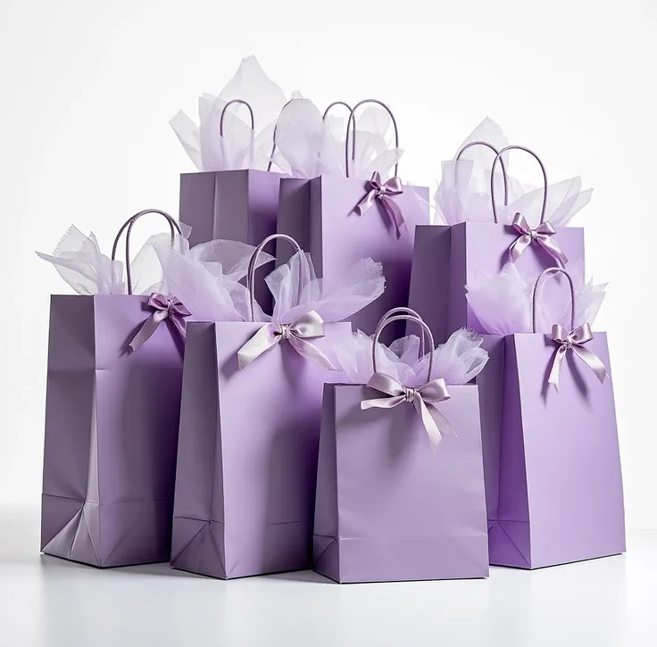 "Multiple elegant purple gift bags arranged neatly on a clean white background. The bags should be made of glossy or matte paper...