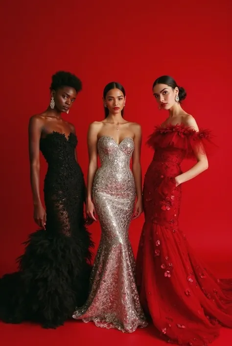 The photo is an editorial of haute couture fashion where the color red enhances the visual composition, in it there are 3 models...