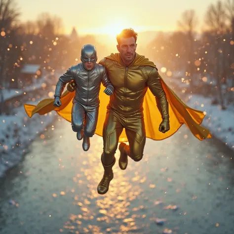 Very realistic image of a 40-year-old man in a gold superhero costume ,flying with his  son who wears a silver suit and mask, Th...