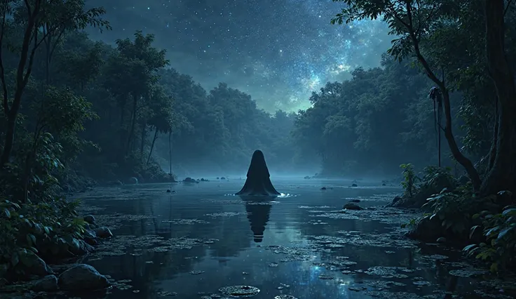 "Black lake under a sky full of stars, with the shadow of an unknown creature peeking from behind the calm water." (Fantasy jung...